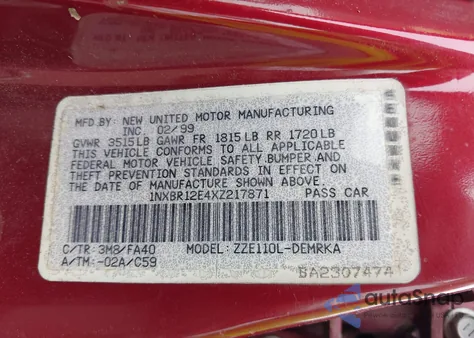 1999 Toyota Corolla Ve z USA, uszkodzony, nr VIN 1NXBR12E4XZ217871